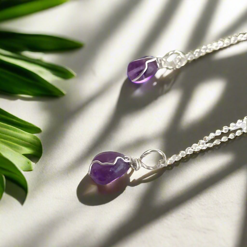 Amethyst 925 Sterling Silver Necklace Wire Necklace 16in.