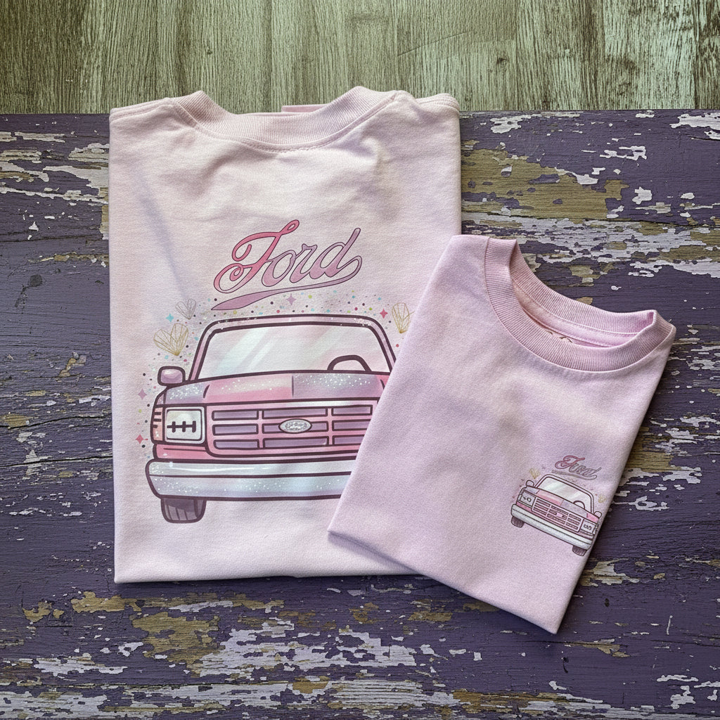 two folded white t-shirt featuring a graphic of a vintage Ford pickup truck with a split pink and purple color scheme, and the word 'Ford' written above it, laid flat on a rustic brown wooden background.

